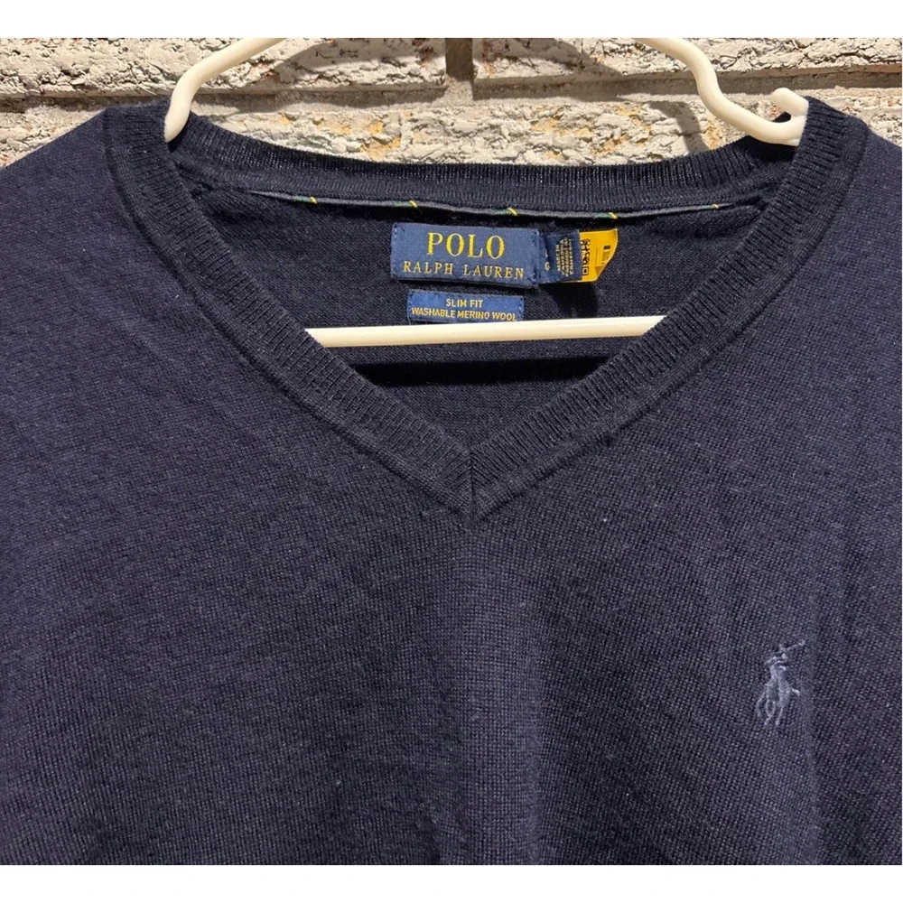 Polo Ralph Lauren Mens Navy Blue Washable Merino Wool V-Neck Sweater Slim Fit L
